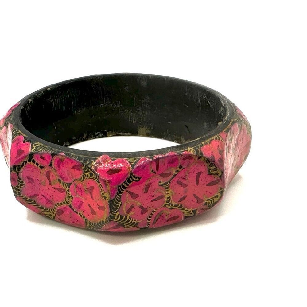 Pink floral hand painted wooden bangle bracelet